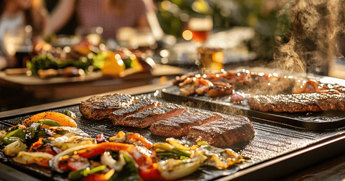 Blackstone griddle cooking various dinner ideas like grilled vegetables, steaks, and seafood with people enjoying a backyard meal.