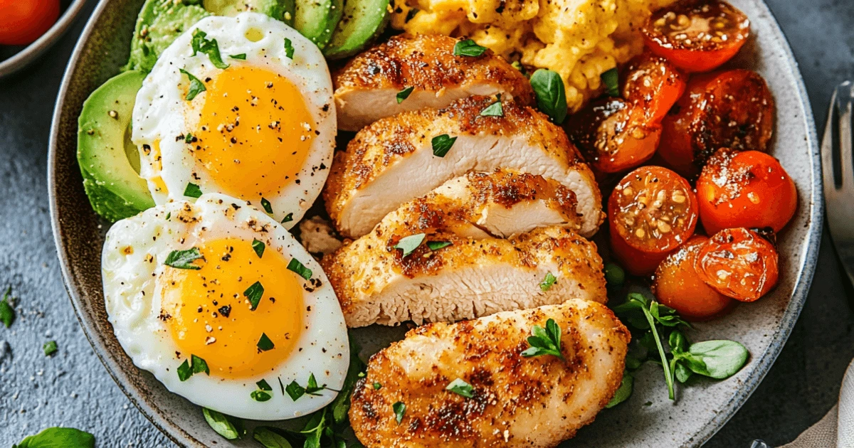Delicious chicken breakfast recipes featuring scrambled eggs, crispy bacon, grilled chicken breast, and fresh vegetables on a white plate.