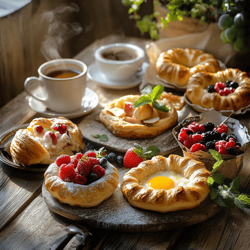 A delicious assortment of golden, flaky puff pastry breakfast treats, including fruit-filled danishes, cheese turnovers, and egg-filled puff pastry cups, served on a rustic wooden table with a steaming cup of coffee