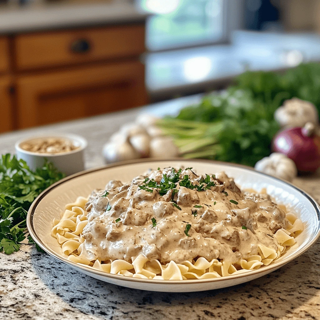 Chef stirring a pot of Beef Stroganoff made with Hamburger Helper, with a package of Hamburger Helper on the countertop and a clock showing 20 minutes.