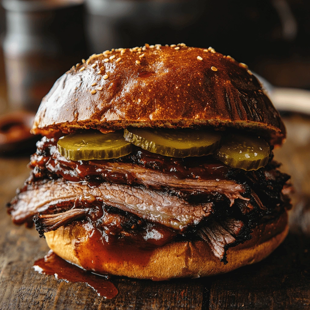 Close-up of a delicious beef brisket sandwich with tender slices of meat, topped with BBQ sauce, pickles, and coleslaw on a soft bun.