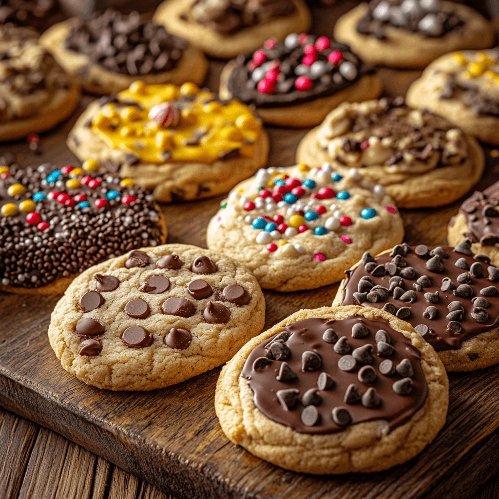 A close-up of assorted cookies with vibrant toppings like chocolate chips, colorful sprinkles, and frosting on a wooden surface.