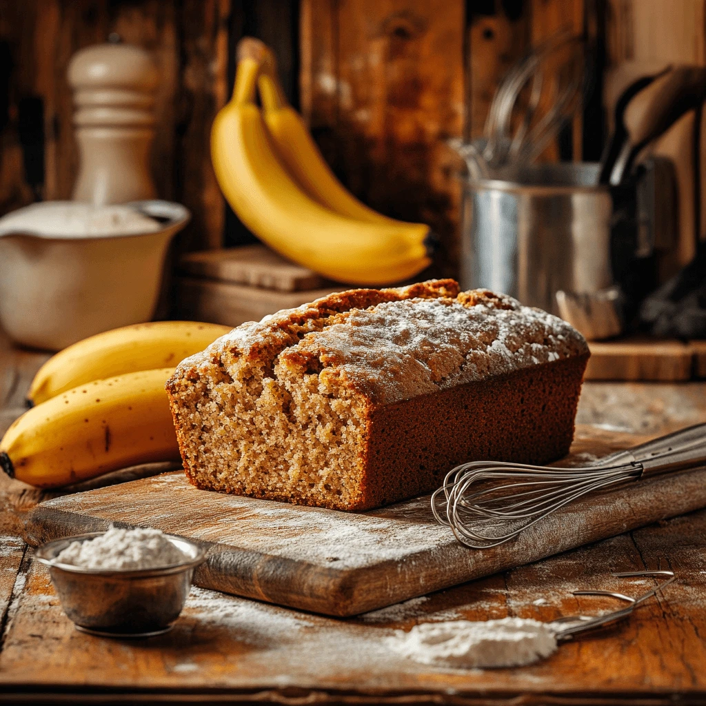 Freshly-baked banana bread made with just two ripe bananas, served on a wooden cutting board with a cozy kitchen backdrop.