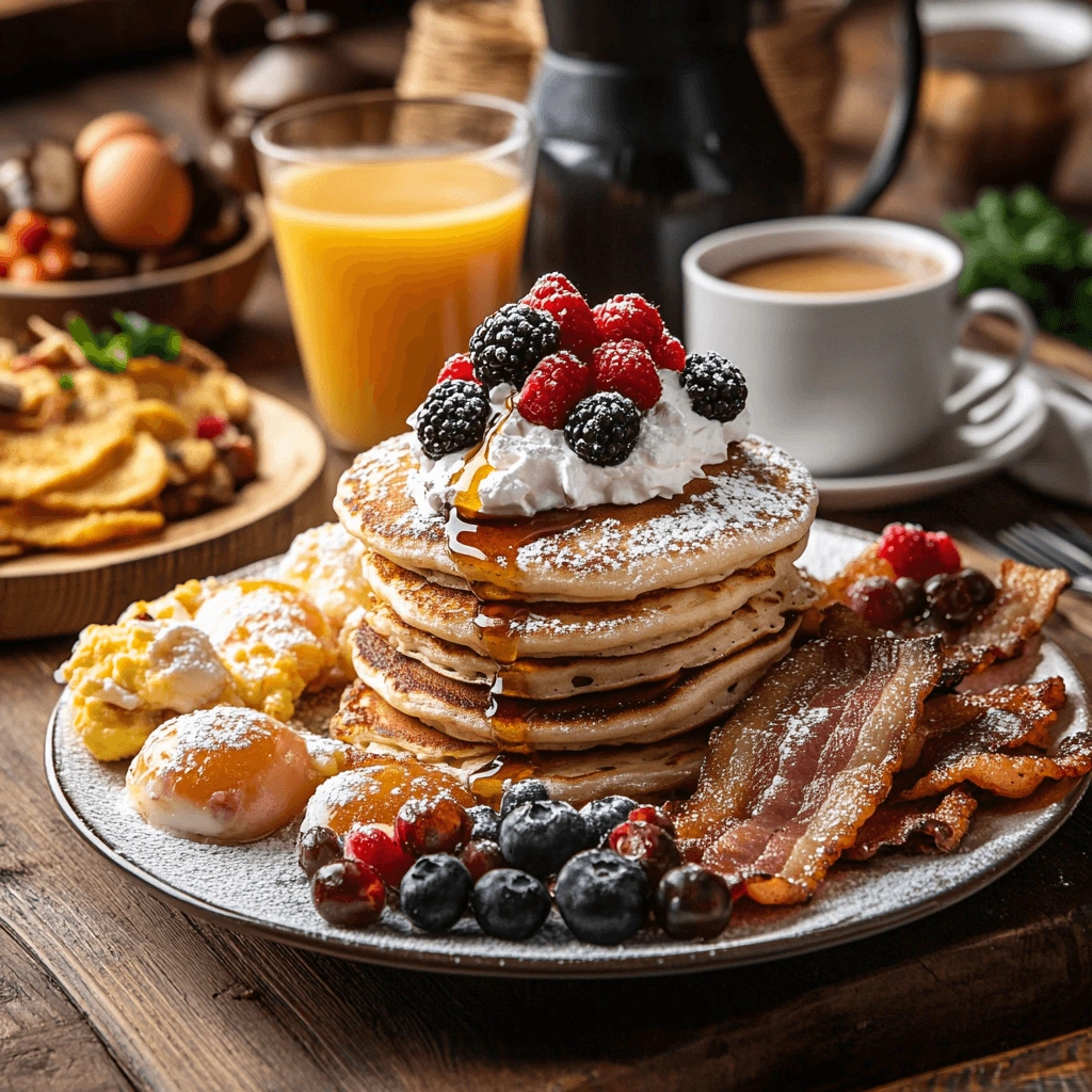 A hearty big breakfast featuring fluffy hotcakes with syrup, crispy bacon, scrambled eggs, hash browns, and fresh fruit, beautifully arranged on a table.
