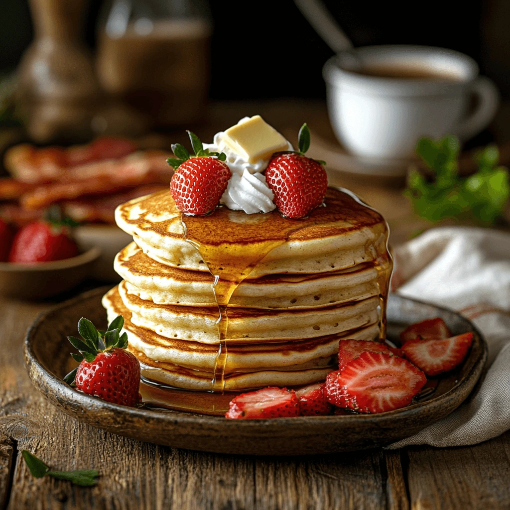 Fluffy Cracker Barrel-style pancakes with syrup, butter, and fresh fruit, served with crispy bacon and coffee.