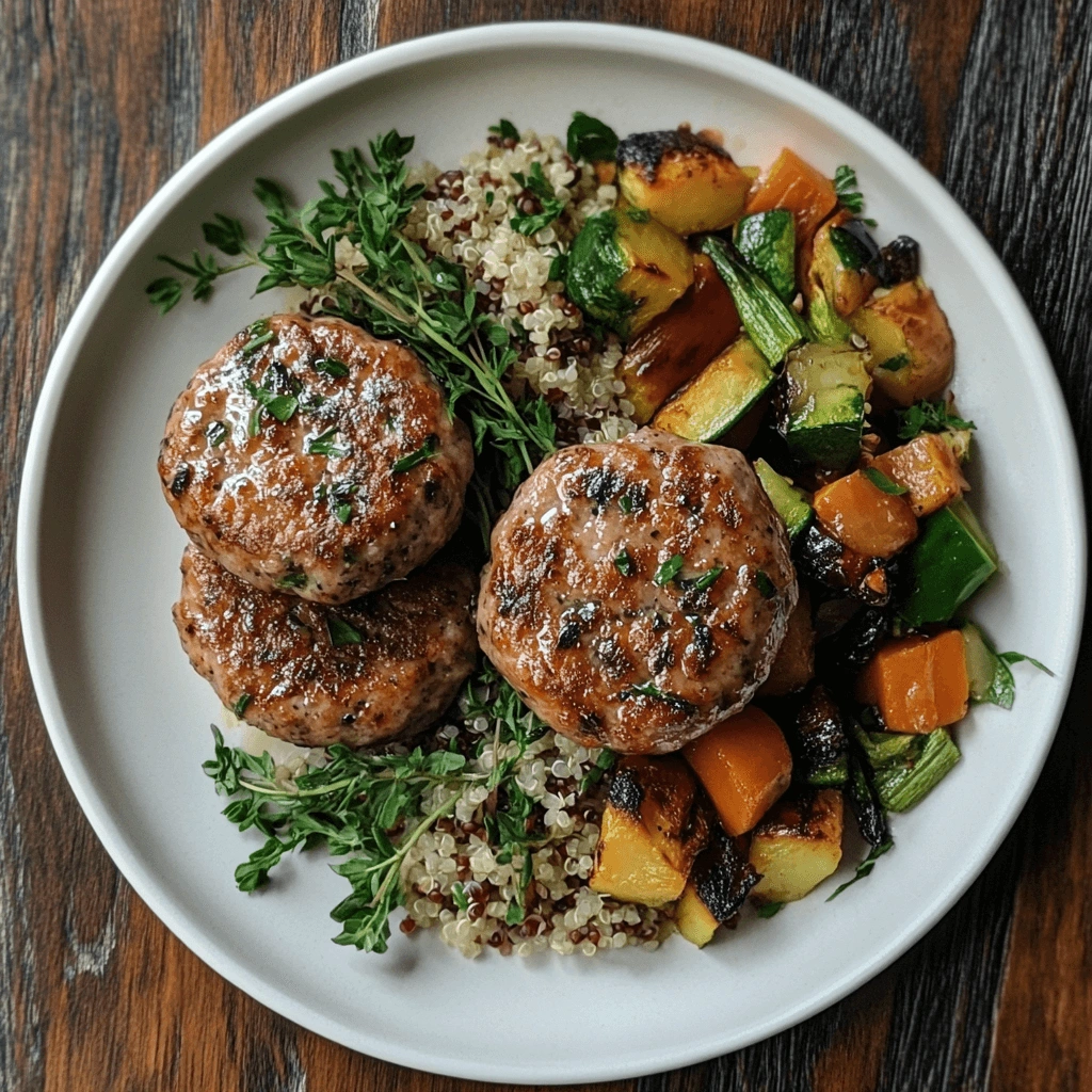 Juicy and tender turkey sausage patties cooked to golden perfection, garnished with fresh herbs.