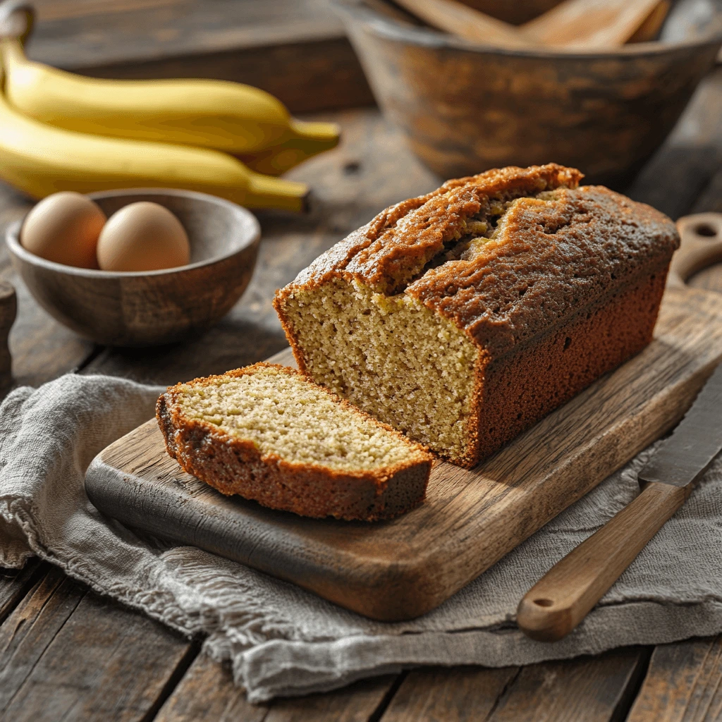 Perfectly baked banana bread made with cake mix, sliced to show its moist texture, surrounded by bananas, a mixing bowl, and a loaf pan.
