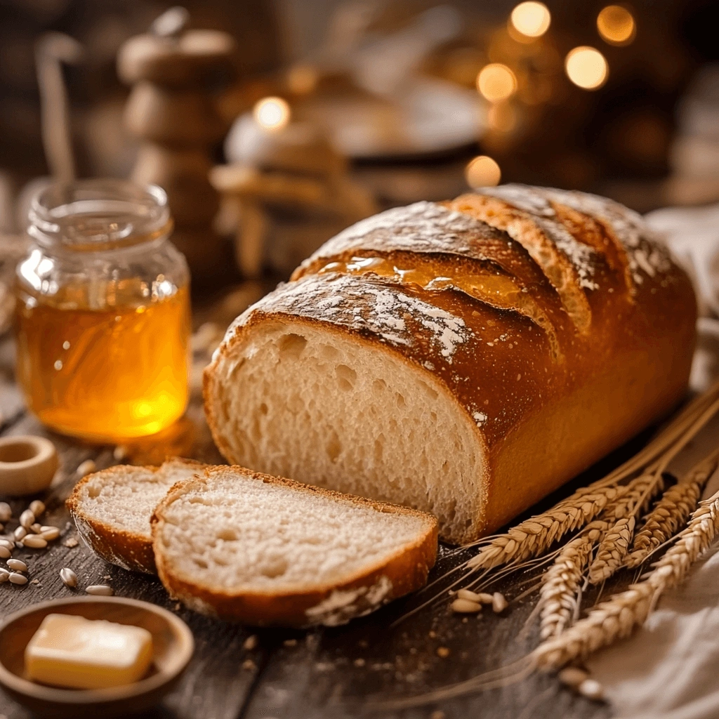 A freshly baked loaf of honey wheat bread with a golden crust, surrounded by wheat stalks, a jar of honey, and a bowl of butter on a rustic wooden table.