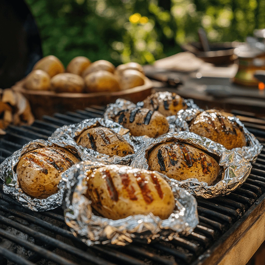 Grilled baked potatoes with crispy golden skin on a BBQ grill, ready to be served.