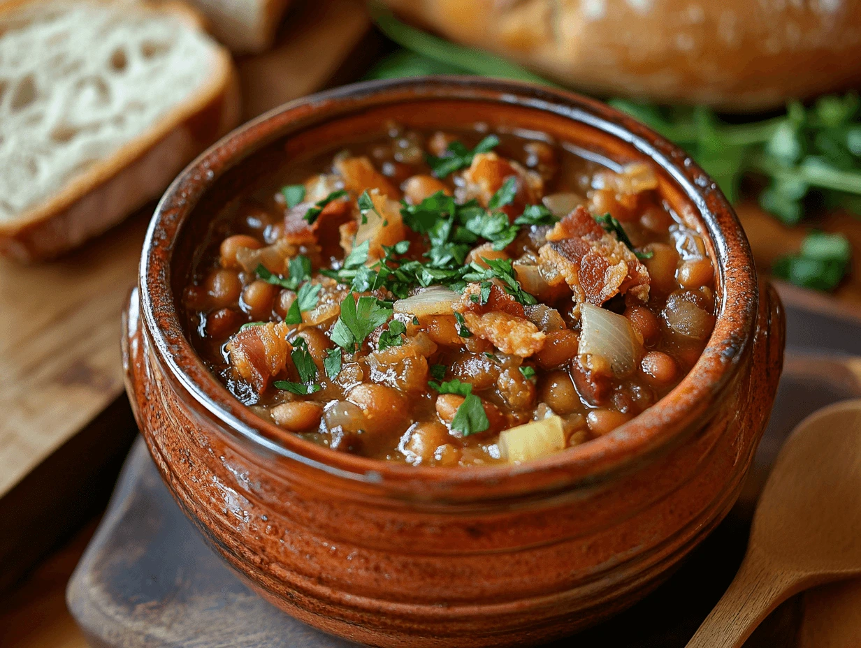 Rustic bowl of homemade baked beans, garnished with crispy bacon and fresh parsley, with ingredients like molasses, brown sugar, and onions on a wooden table.