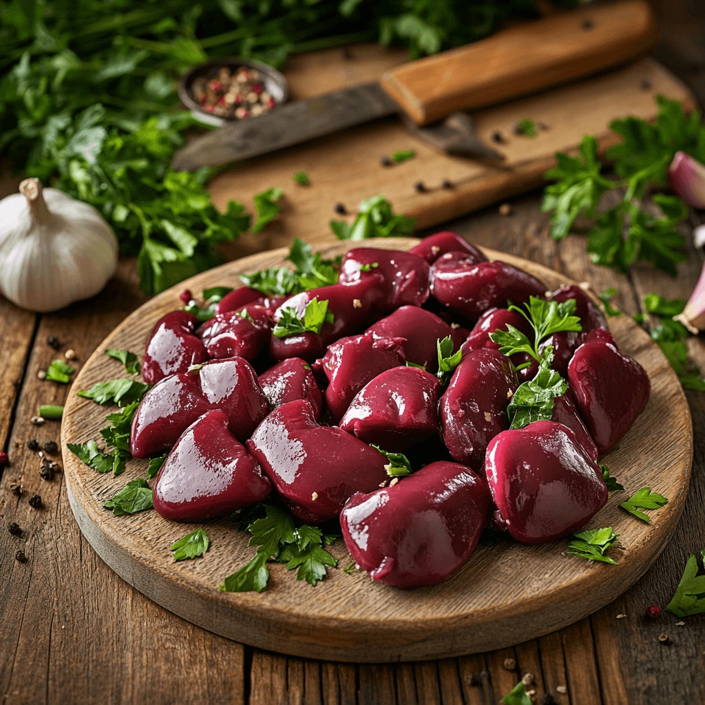 Fresh chicken hearts displayed on a rustic wooden table with herbs, garlic, and greens, showcasing their rich red color and nutritional value.