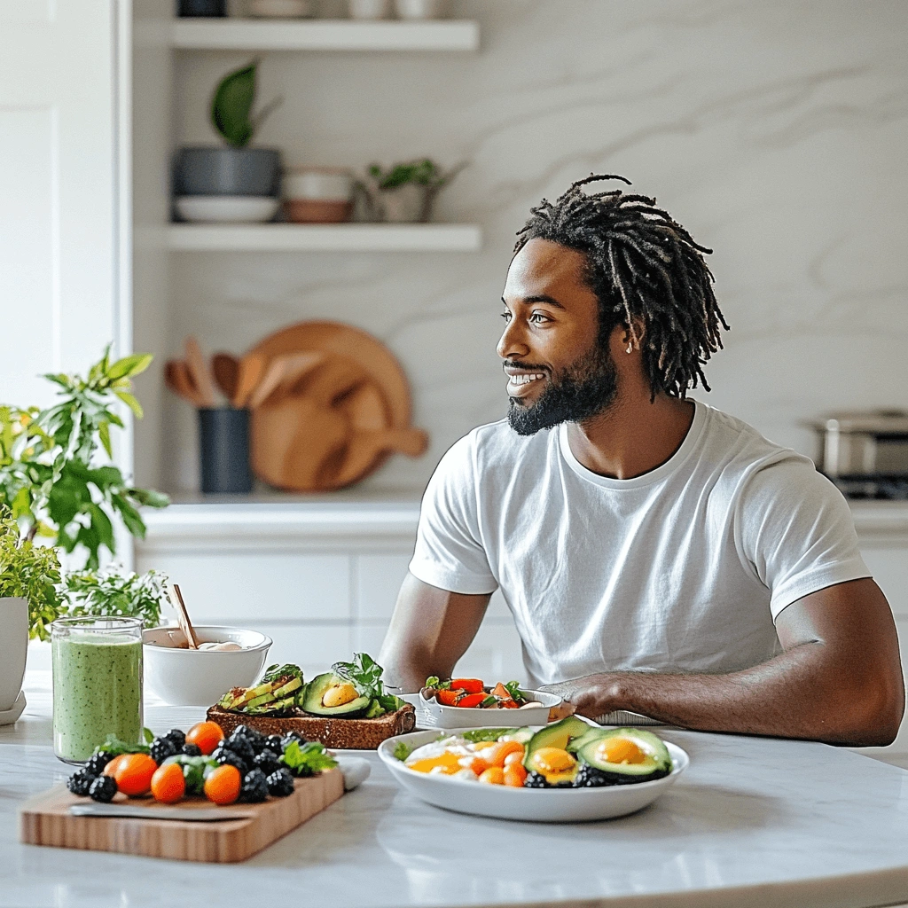 Healthy breakfast plate for athletes on recovery day, featuring eggs, avocado, whole grains, and fruit for optimal nutrition.