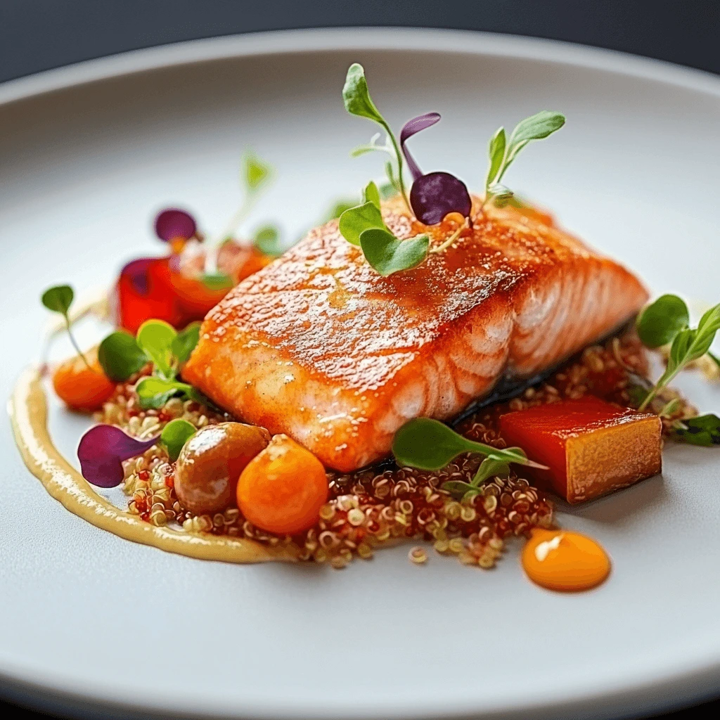 3-Michelin-level quinoa salmon dish with vibrant vegetables and microgreens, artfully plated.