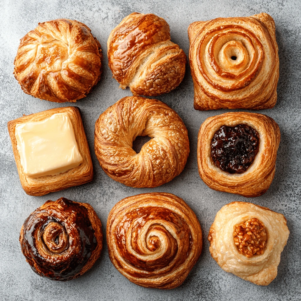 Essential ingredients for perfect breakfast pastries laid out on a wooden countertop with flour, butter, sugar, and a rolling pin.