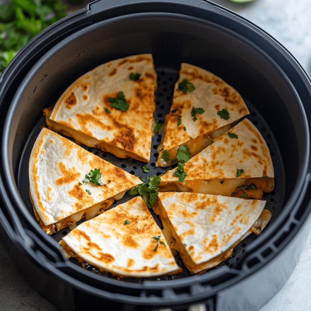Crispy air fryer quesadilla with melted cheese and golden brown tortilla.