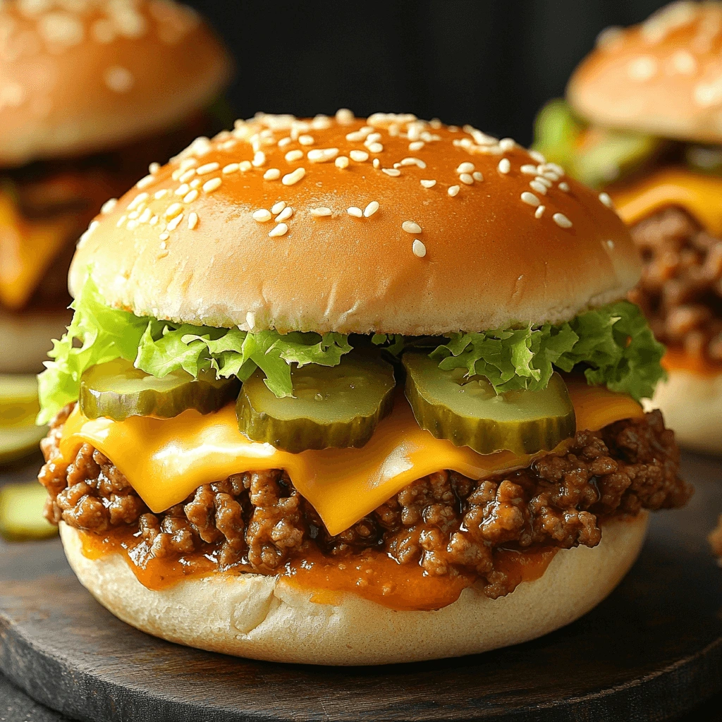 Big Mac Sloppy Joes with melted cheese, pickles, and lettuce on a soft bun