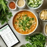 A steaming bowl of Weight Watchers cabbage soup filled with fresh vegetables like cabbage, carrots, and tomatoes, garnished with fresh herbs, served in a rustic setting.