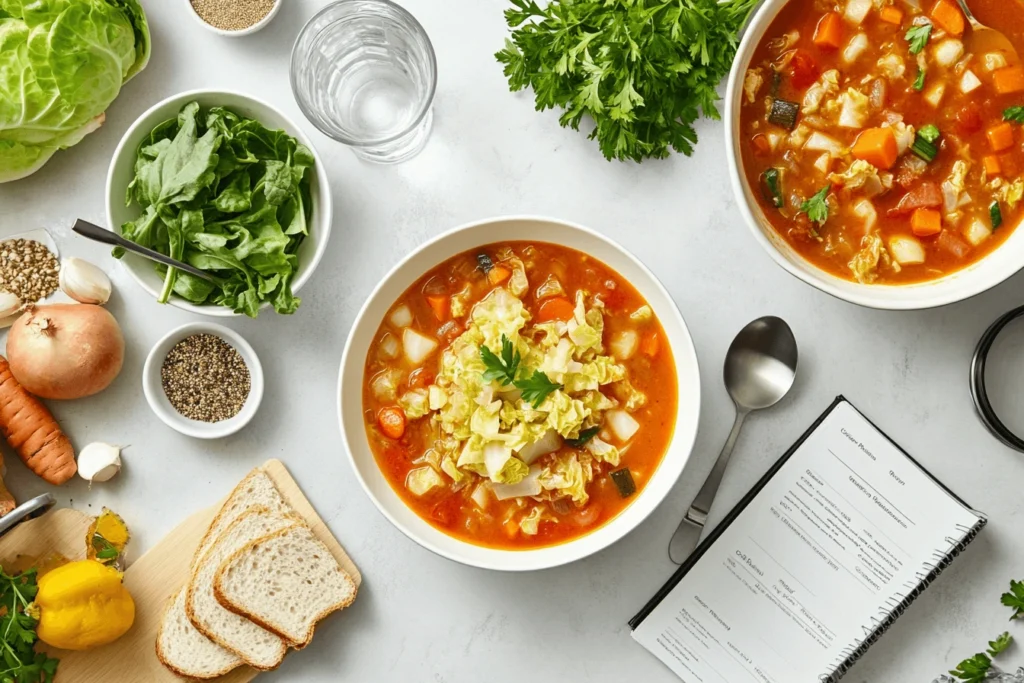Bowl of Weight Watchers Cabbage Soup with colorful vegetables and fresh herbs.