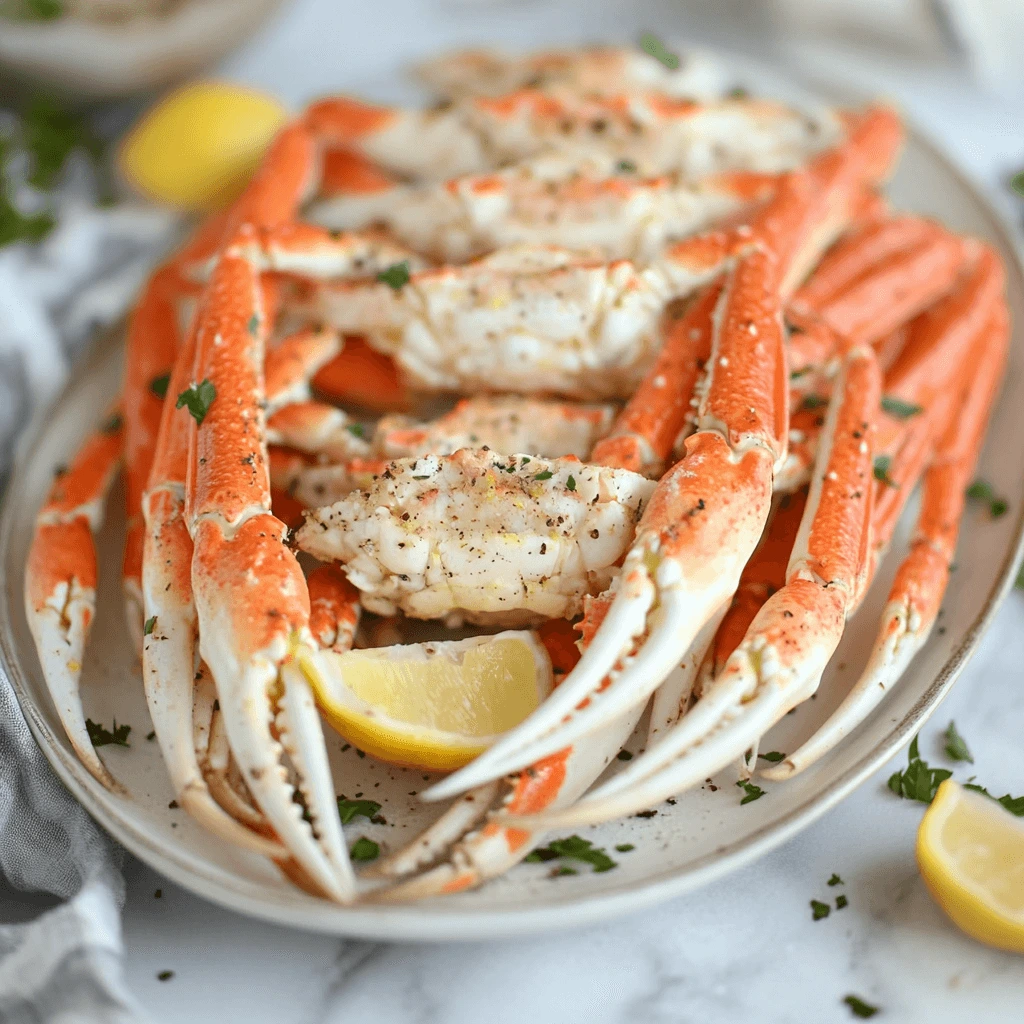 Snow crab legs served with lemon and dipping butter, ready for enjoyment.