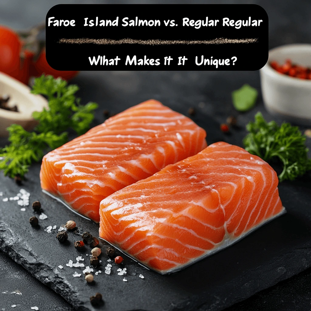 Freshly prepared Faroe Island salmon fillet alongside regular salmon, showcasing the difference in color and texture.