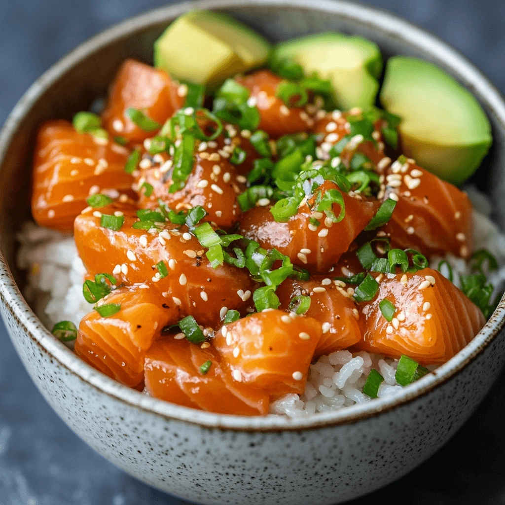 Fresh salmon poke bowl with avocado, cucumber, edamame, and a drizzle of soy sauce.