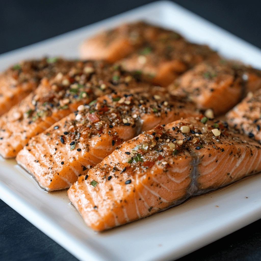 Grilled salmon fillet coated with a flavorful Asian rub, garnished with sesame seeds and fresh herbs.