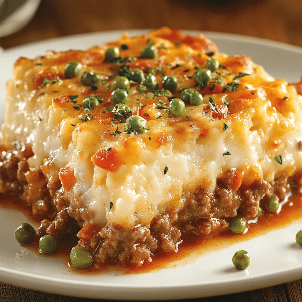 A freshly baked Shepherd's Pie topped with golden-brown instant mashed potatoes, served in a rustic dish on a wooden table.