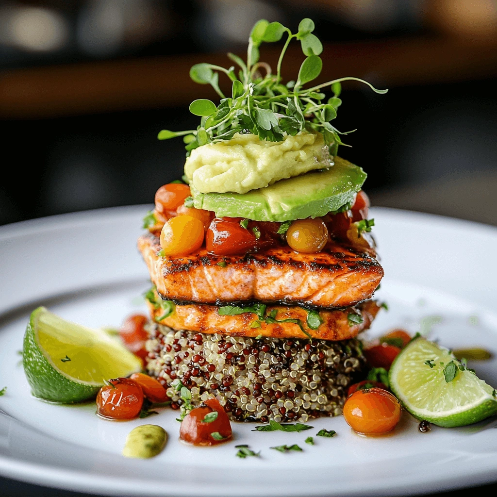 A beautifully plated grilled salmon and quinoa stack with creamy avocado sauce.