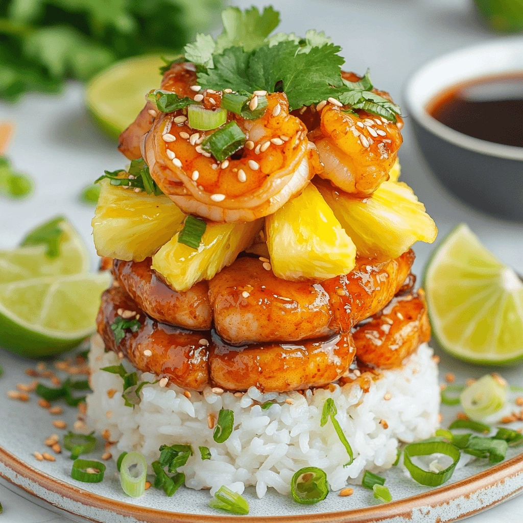 Delicious homemade Teriyaki Shrimp glazed with savory and sweet sauce, garnished with sesame seeds and green onions.