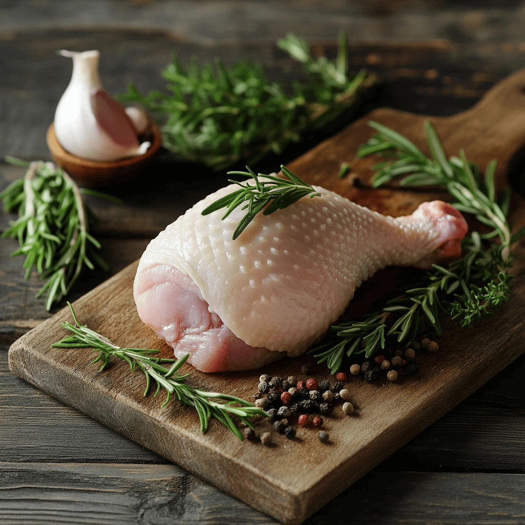 Close-up of raw chicken butt (parson’s nose) on a wooden cutting board with fresh herbs.