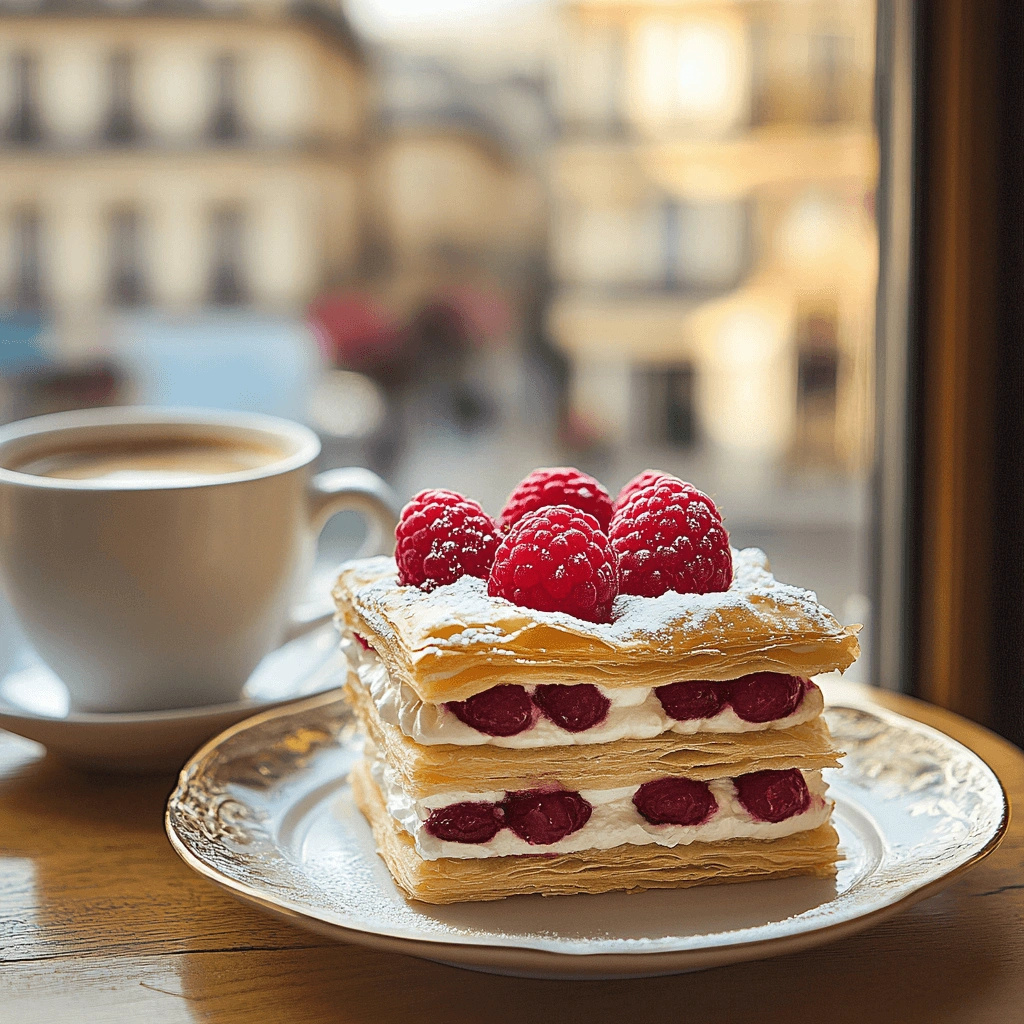 Close-up of Raspberry Cream Napoleons with golden puff pastry layers, raspberry filling, and whipped cream, dusted with powdered sugar.