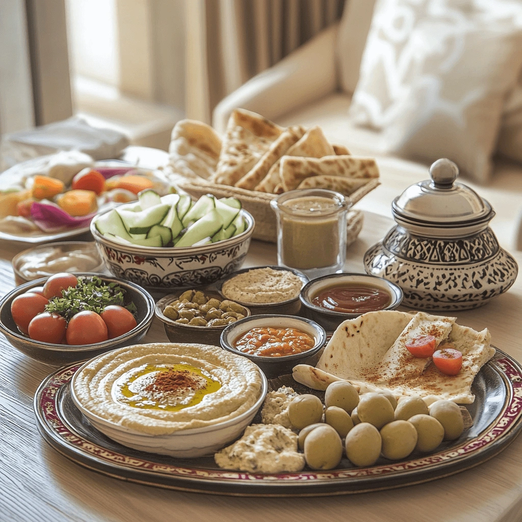 Traditional Arabic breakfast with hummus, falafel, pita bread, and olives served on a wooden table.
