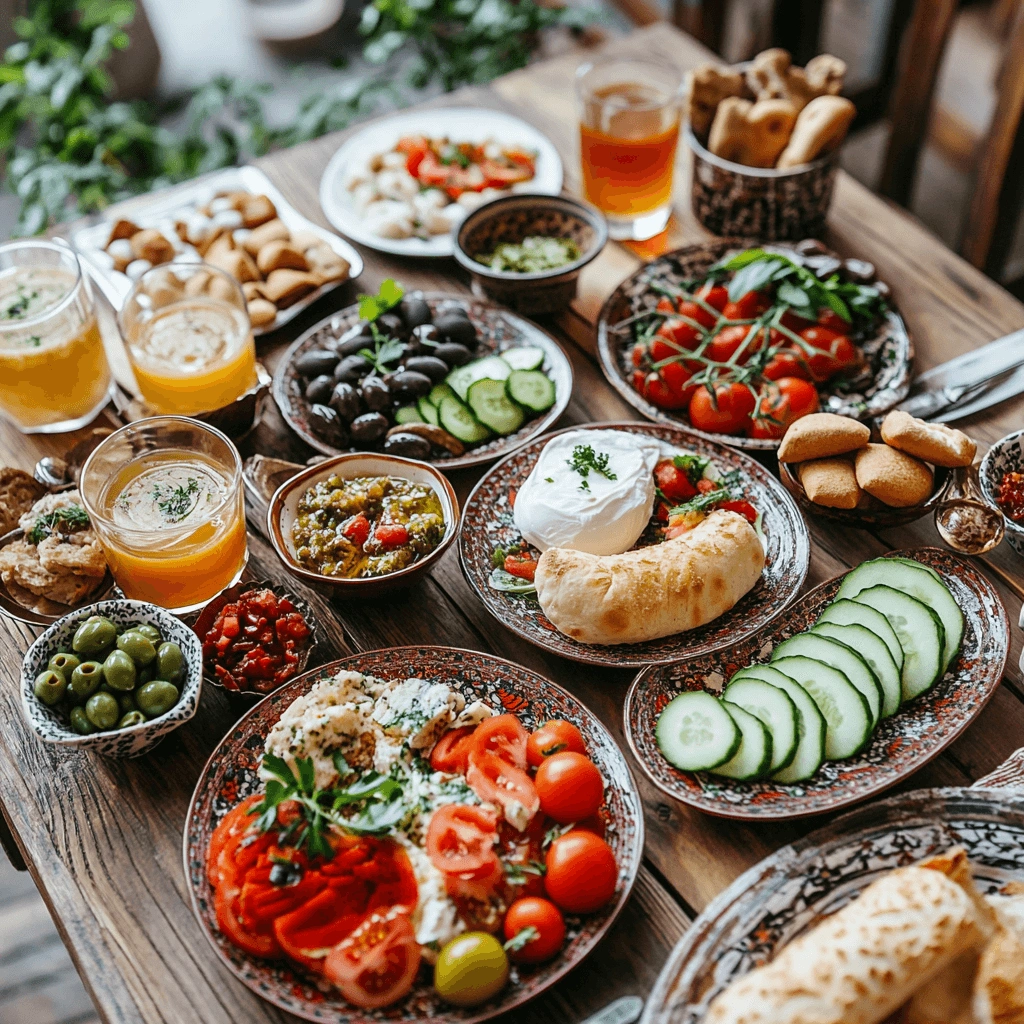 A beautifully arranged Turkish breakfast spread featuring simit bread, cheese, olives, fresh vegetables, honey with clotted cream, menemen, sucuklu yumurta, and Turkish tea on a rustic wooden table.