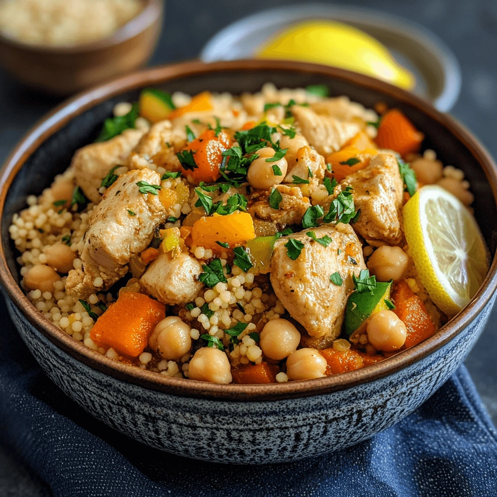 A bowl of Moroccan-style chicken couscous with vegetables and chickpeas, garnished with fresh herbs.