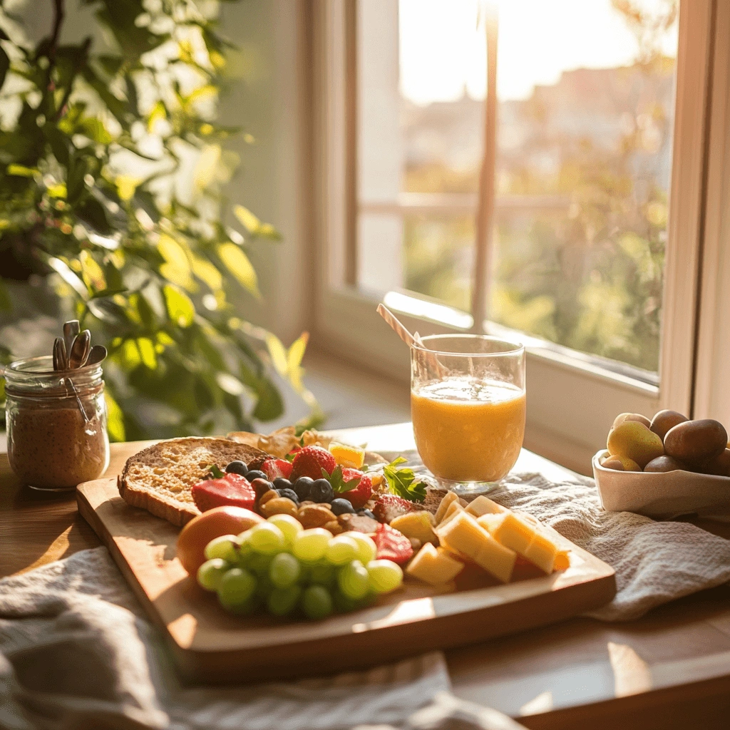 Healthy breakfast with fruits, toast, and smoothie in morning sunlight.