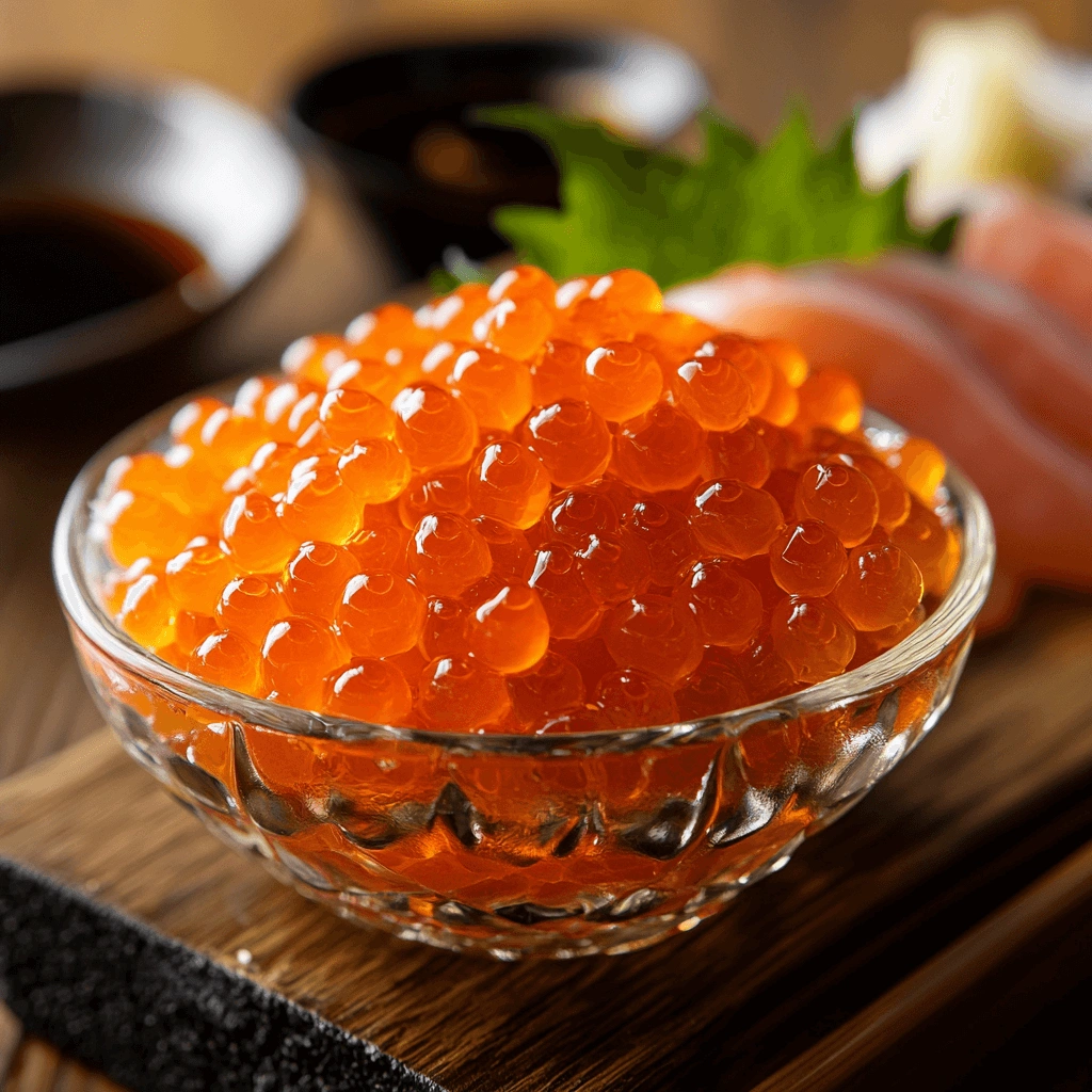Close-up of fresh salmon roe in a glass bowl with a sushi platter in the background.