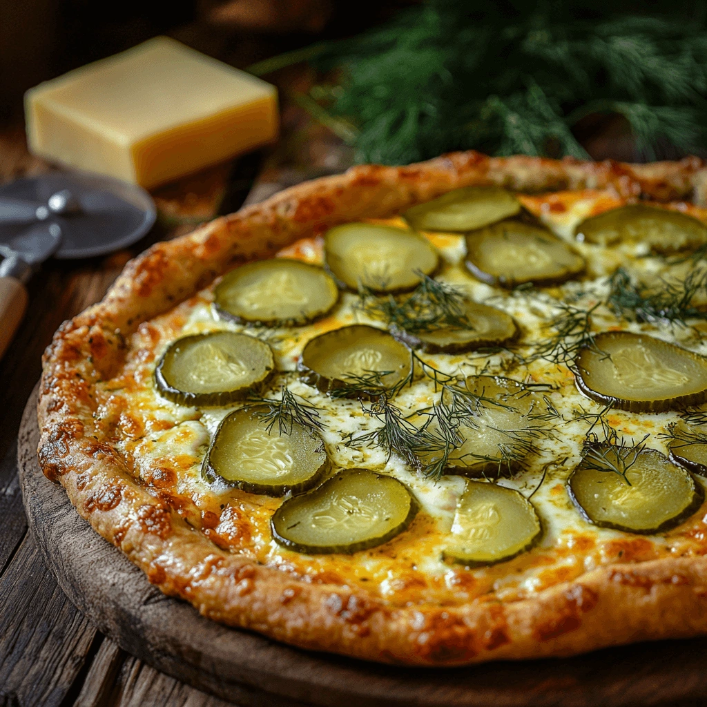 A freshly baked Pickle Pie Pizza with melted cheese and thinly sliced pickles on a rustic wooden table.
