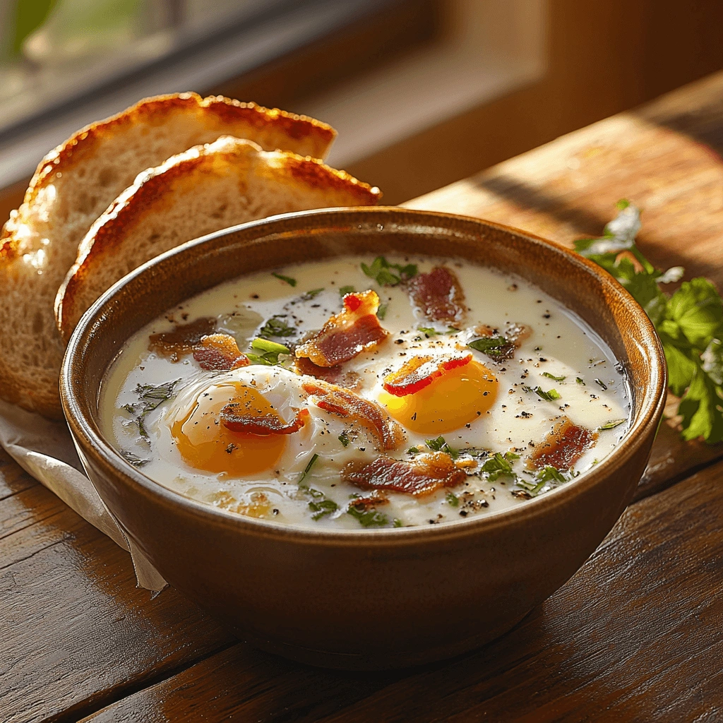 A warm and comforting bowl of breakfast soup with a creamy broth, poached eggs, crispy bacon bits, and fresh herbs, served with toasted sourdough bread.