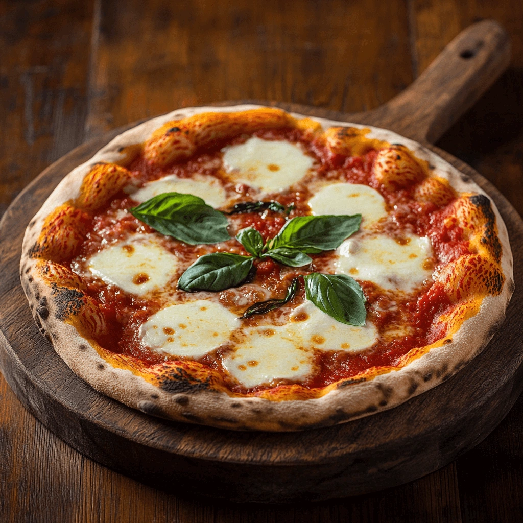 Freshly baked homemade pizza with golden crust, bubbling mozzarella, and fresh basil.