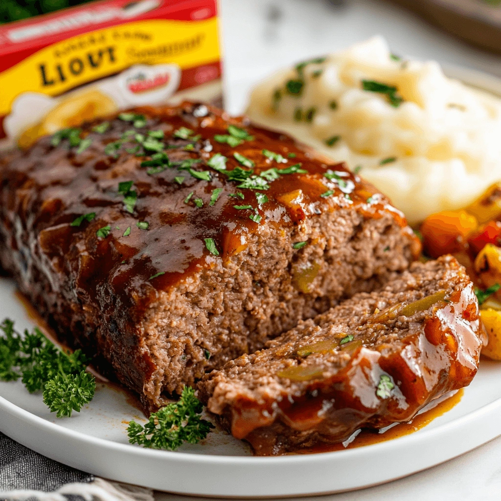 Juicy meatloaf made with Lipton Onion Soup Mix served with mashed potatoes and roasted vegetables.