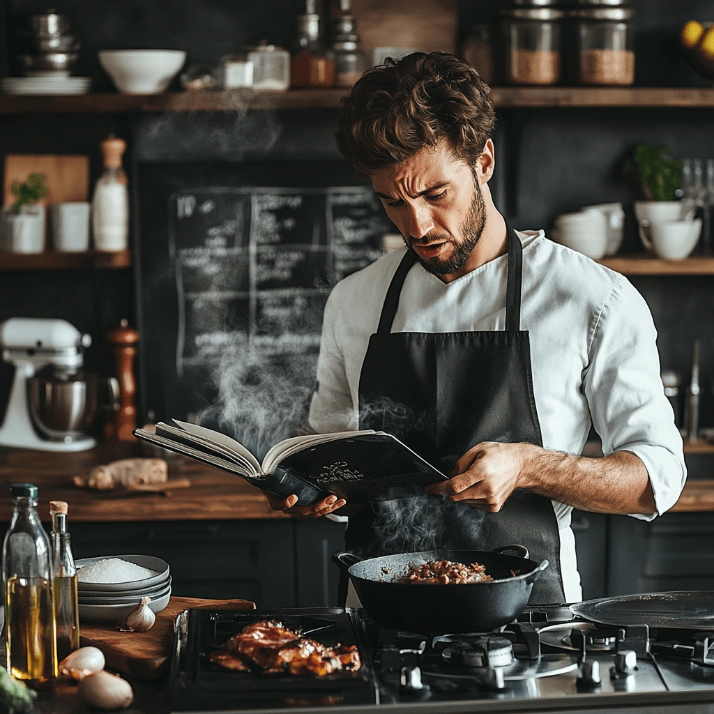 Frustrated home cook looking at a burnt dish in a modern kitchen.