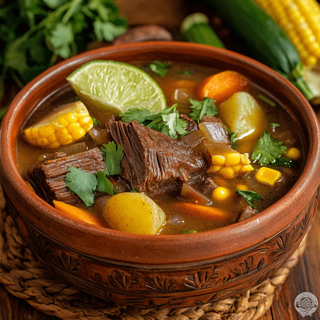 A bowl of Sopa de Res, a traditional Mexican beef soup with tender meat, corn, potatoes, carrots, and fresh cilantro in a rich broth.
