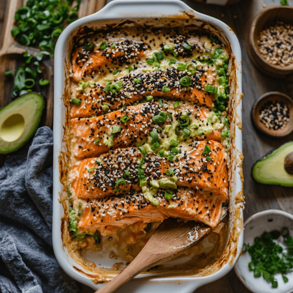 A freshly baked salmon sushi bake in a casserole dish, topped with furikake, green onions, and spicy mayo, served with nori sheets on the side.
