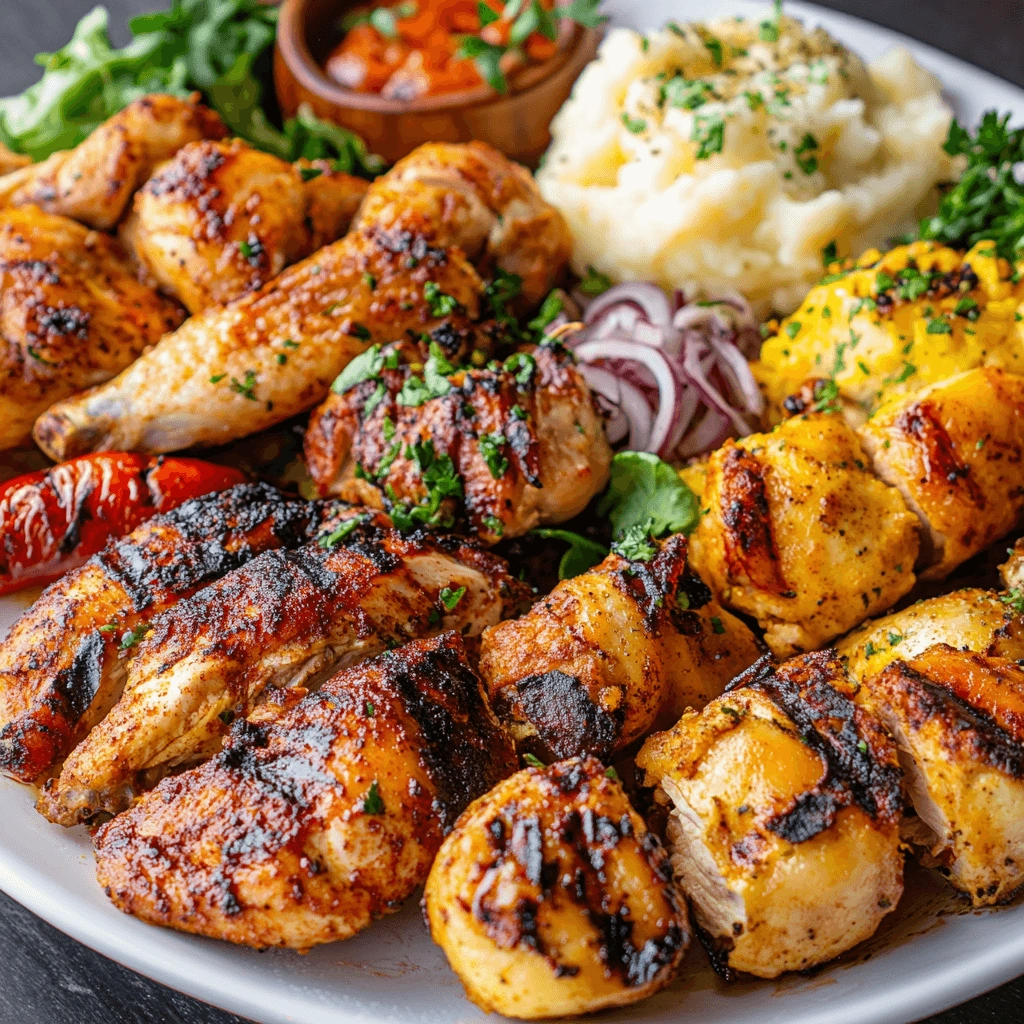 Plate of delicious chicken food served with fresh vegetables.