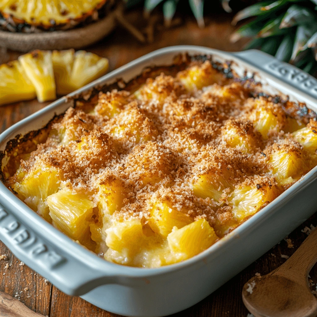 Golden, bubbly pineapple casserole served in a baking dish with a crispy topping.