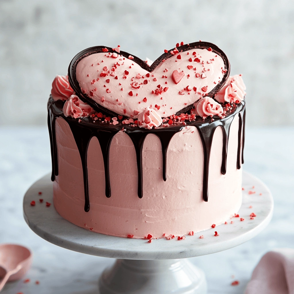Heart-shaped Valentine’s Day cake decorated with pink frosting and sprinkles