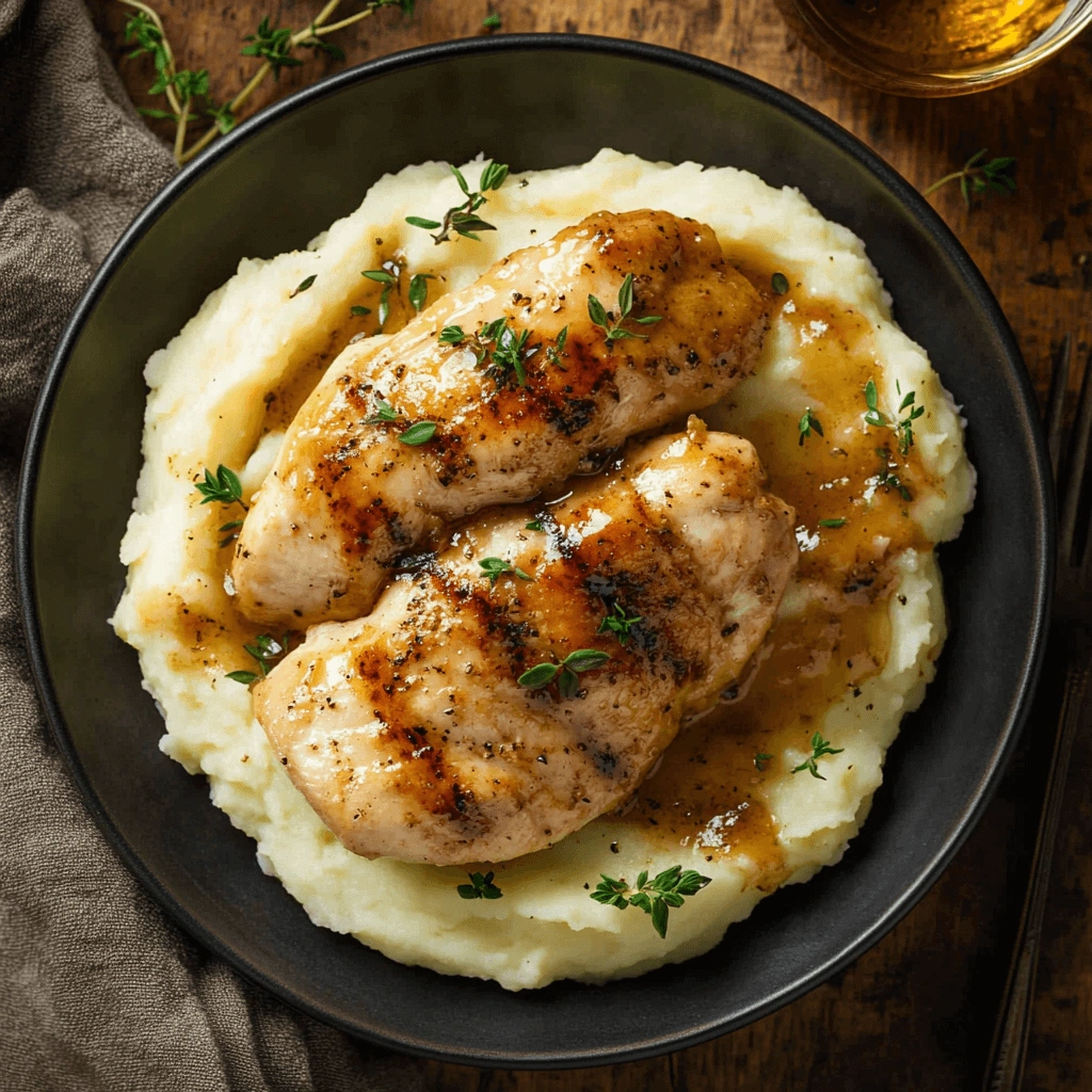 A plate of tender, juicy chicken served with creamy mashed potatoes and a drizzle of rich gravy.