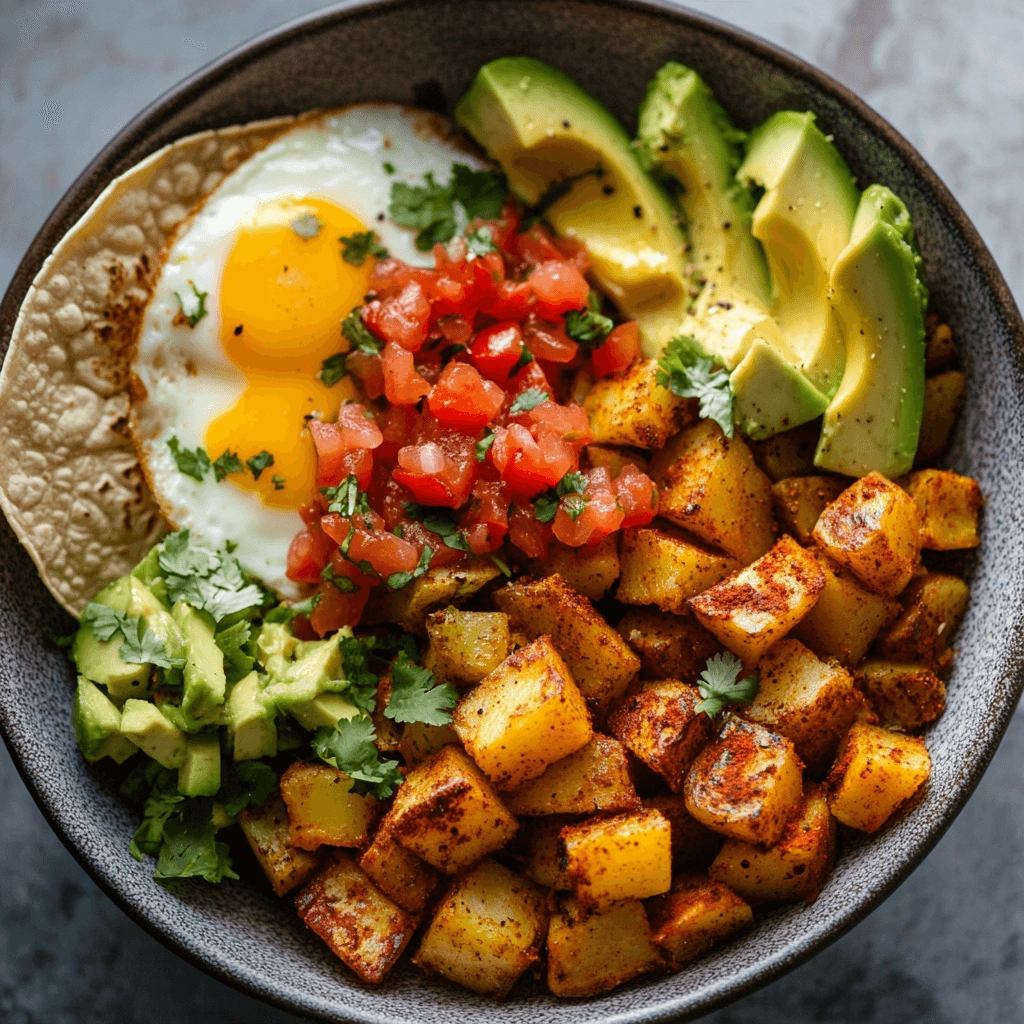 Mexican breakfast potatoes with scrambled eggs, avocado, salsa, and tortillas.