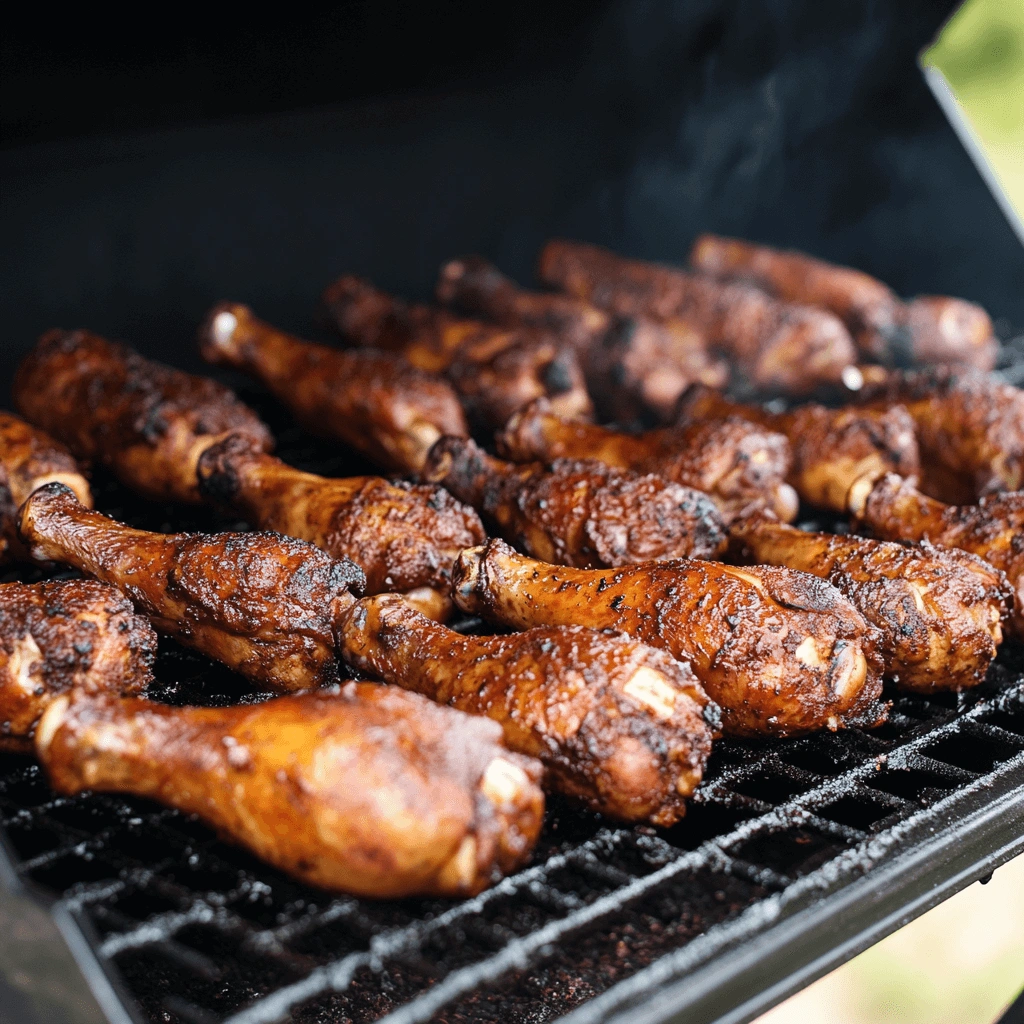 Juicy smoked chicken drumsticks with a crispy, golden-brown exterior on a grill.