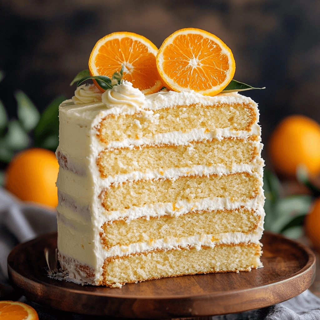 Mandarin Orange Cake with a moist texture and citrus glaze, garnished with orange slices.